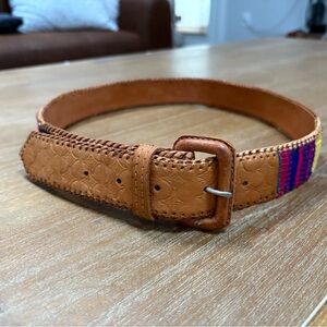 Brown Leather Belt with Multicolor Stitching